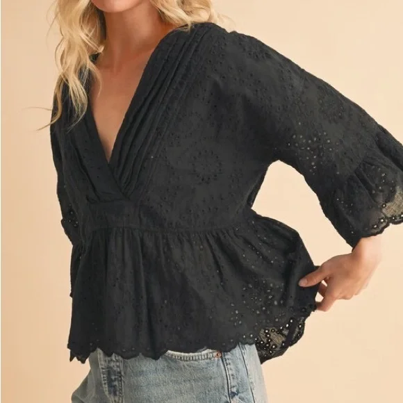 Black Ruffled Wrap Blouse with 3/4 Sleeves - Picture 4 of 9
